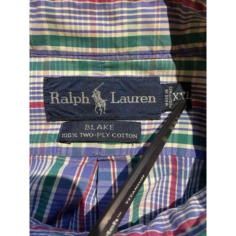 Ralph Lauren Mens XXL Blue/Green Blake 2-ply‎ Button Up Long Sleeve Green Pony